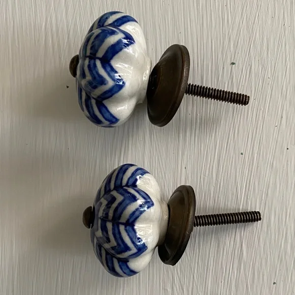 Blue White Flower Ceramic Drawer Cabinet Knob Pulls Brass Set Hand Painted Chic - Picture 6 of 10